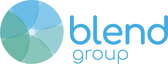 Logo da organização BlendGroup com predominância da cor azul. Pode-se ver uma esfera à esquerda e o nome da iniciativa, à direita, em caixa baixa e em duas linhas.