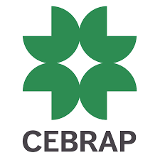 Logo do Cebrap. A arte é composta por esferas verdes que aparecem três quartos preenchidas, dispostas em duas fileiras, com as partes não preenchidas para fora. O nome da organização aparece abaixo.