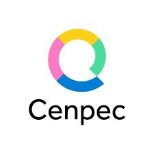 Logo do Cenpec. Trata-se de um minicaracol colorido em verde, amarelo, rosa e azul. Aparece o nome da organização mais abaixo.