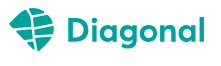 Logo da organização Diagonal. Há, à esquerda, a representação de um mapa territorial na cor azul e com linhas brancas. O nome da organização aparece à esquerda, na cor azul.