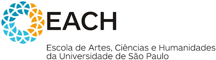 Logo da EACH-USP aparece com uma esfera à esquerda, composta por desenhos geométricos, visível nas cores laranja, azul e azul-claro. Há, à direita, a sigla e a nomenclatura Escola de Artes, Ciências e Humanidades da Universidade de São Paulo.