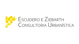 O logo aparece com formas geométricas compondo um triângulo na diagonal e na cor amarela. O nome Escudero e Ziebarth Consultoria Urbanística aparece à direita.