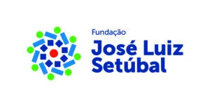 Logo da Fundação José Luiz Setúbal. Aparece à esquerda uma mandala com elementos nas cores azul, verde e vermelho. À direita, o nome da organização aparece com Fundação em fonte menor se comparada com o restante da nomenclatura.