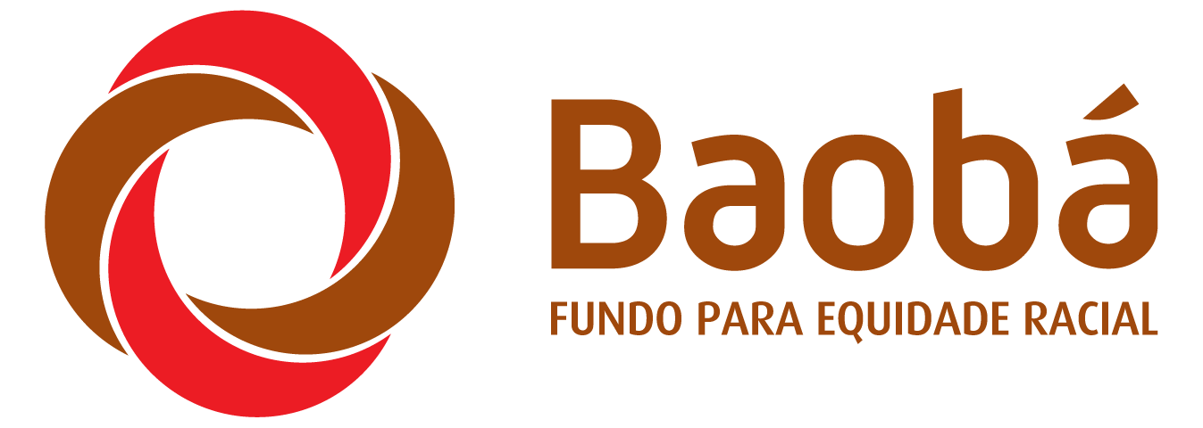 Logo do Fundo Baobá. Há, à esquerda, uma esfera com círculos nas cores marrom e vermelha formando um trançado. À direita, em marrom, aparece Baobá em destaque e, logo abaixo, Fundo para equidade racial.