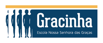 Logo da escola Gracinha. O nome da escola aparece em um retângulo na cor azul, do qual saem desenhos minimalistas de crianças. Há uma faixa amarela acima do retângulo.