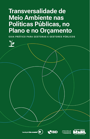 A imagem é a capa do guia 'Transversalidade de Meio Ambiente nas Políticas Públicas, no Plano e no Orçamento - Guia prático para gestoras e gestores públicos'. A arte tem predominância da cor verde e um ícone que representa uma planta e detalhes gráficos com linhas parcialmente esféricas e multicoloridas.